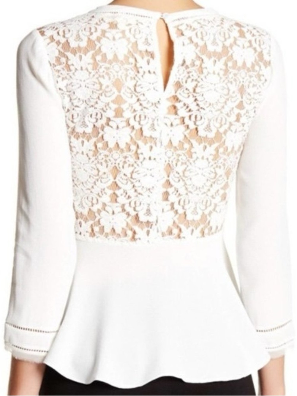 Rebecca Taylor Chalk White Long Sleeve Lace Peplum Crepe Top Size 8 NWT